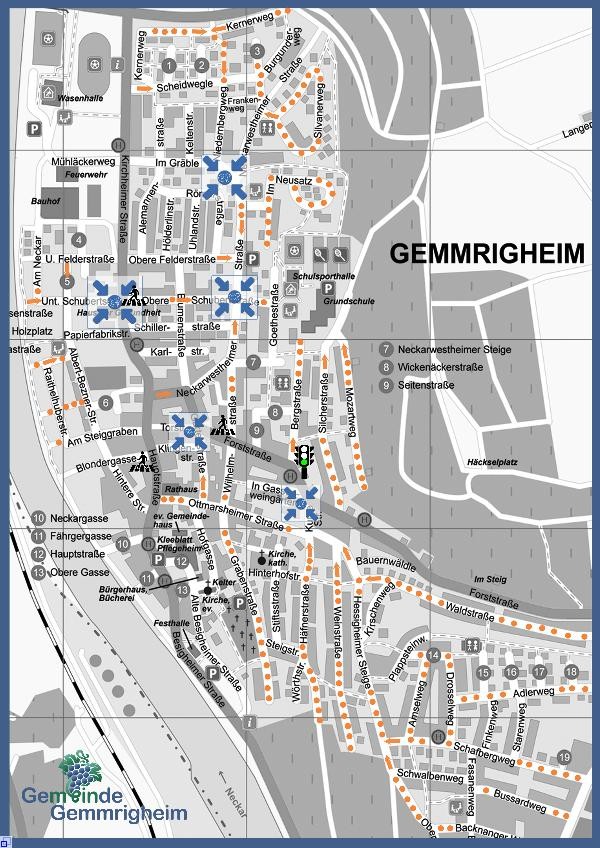 Ortsplan von Gemmrigheim auf dem der Schulwegeplan eingezeichnet ist